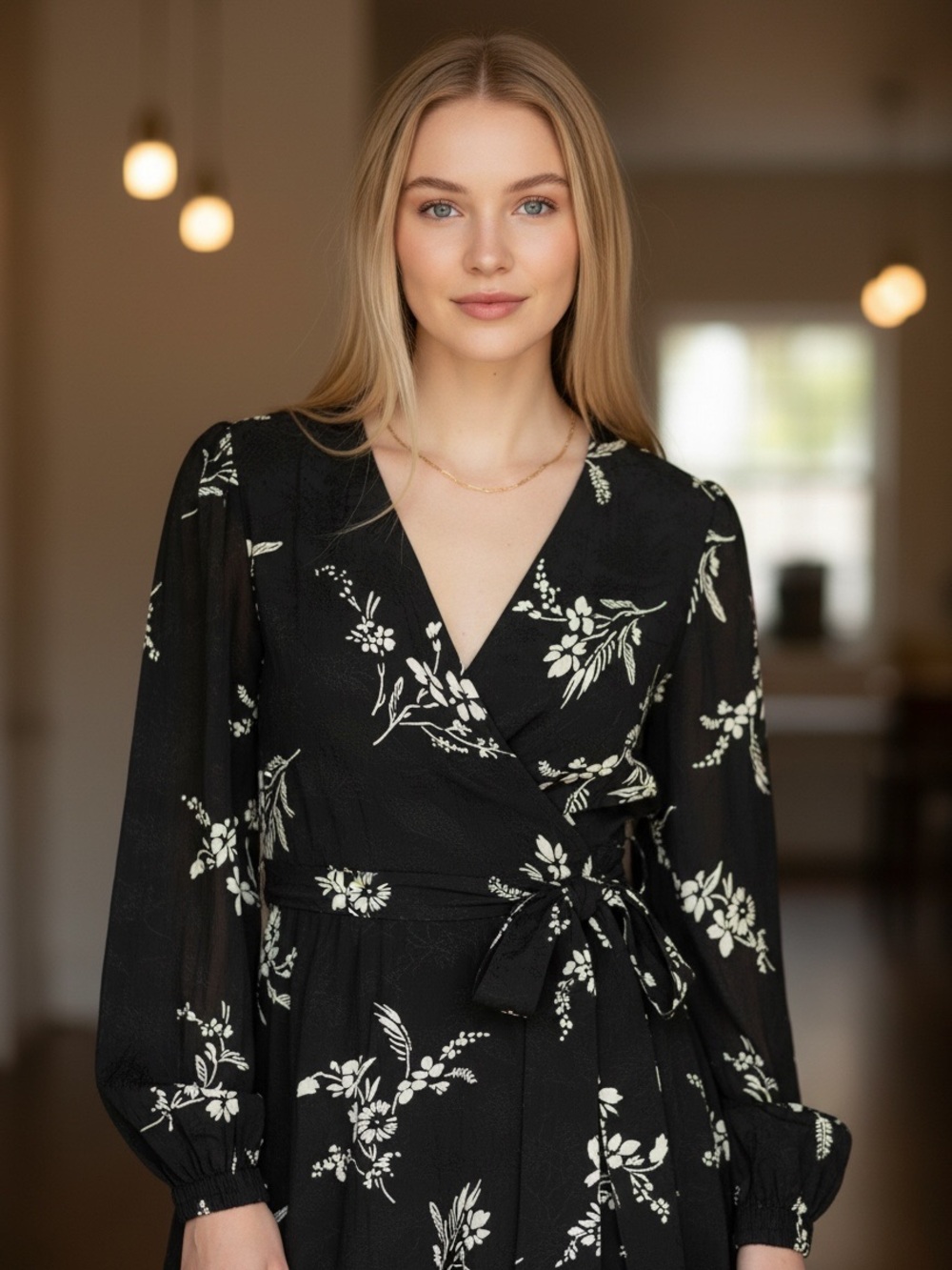 Sezane Abelia Jacquard Bicolor Wrap Front Deep V Blouse in Black and White US 6